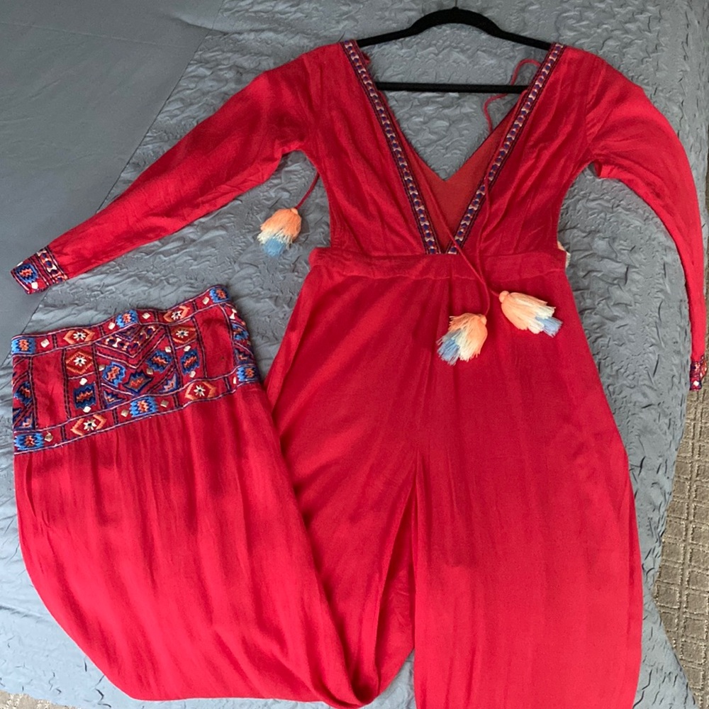 KAS NEW YORK rare long sleeve embroidered tasseled soft cotton designer jumpsuit